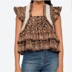 Sea New York Irina Top Sz S Eyelet Lace Blouse Black Brown White Embroidered